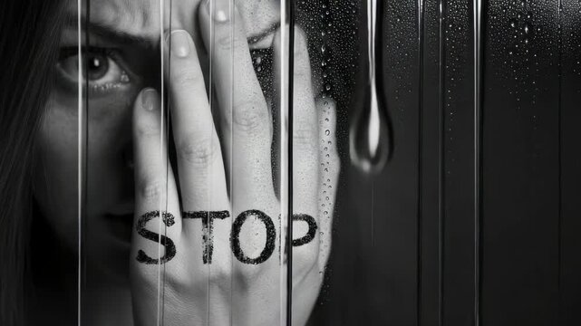 A distressed woman is visible, partially obscured by her hand