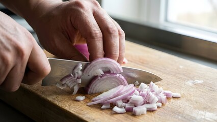 Person Chopping Purple Onion on Wooden Cutting Board.