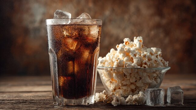 Snack time with cola and popcorn on a wooden table in a casual setting during an evening