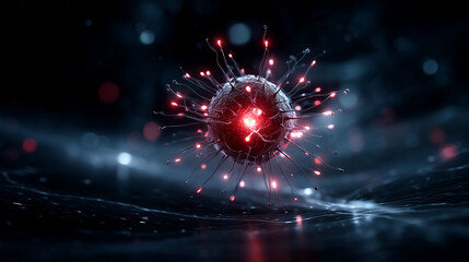 Hyper-realistic microscopic scene of a dangerous virus cell with glowing red core and spike proteins, floating in abstract dark environment, cinematic science lighting, extreme mac