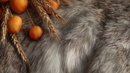 Fresh fruits and grains placed on a soft surface creating a natural and earthy composition with warm tones