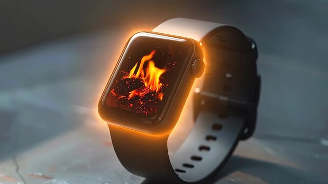 Smartwatch Displaying Fiery Flames with Glowing Orange Border on Metallic Surface