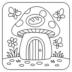 Fairy Mushroom House Coloring Page – Cute Fantasy Line Art for Kids