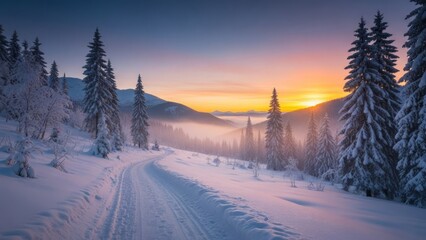 Winter Path to Bright Horizon, New Year Magic Landscape