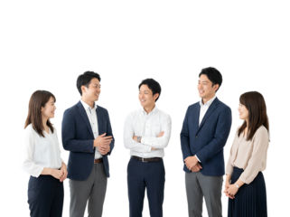自然な佇まいで並ぶ日本人オフィスワーカー五人のチーム｜背景なし・透過PNG・コピースペース