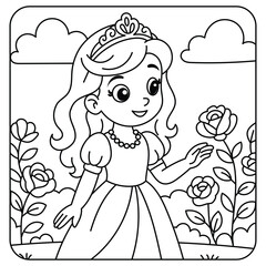 Beautiful Princess in Garden Coloring Page – Cute Fairy Tale Line Art for Kids