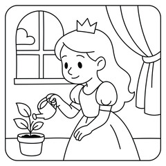 Princess Watering Plants Coloring Page – Cute Girl Gardening Line Art for Kids