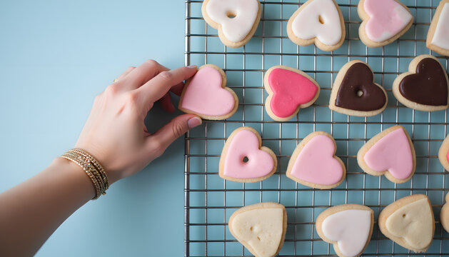 Hand selecting a pink heart-shaped cookie from a cooling rack of treats - Powered by Adobe