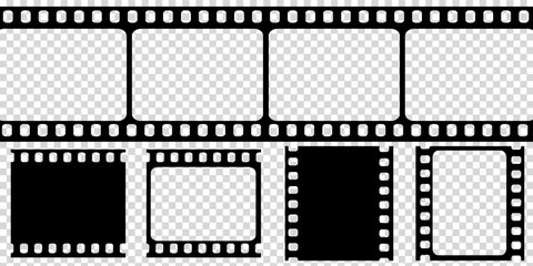 Old retro movie film strip set with grunge texture isolated on white background. Film strip templates. Cinema and filmmaking concept.