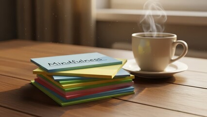 Fototapeta premium New Year Resolutions, Colorful Note Cards, Steaming Coffee, Mindfulness, Cozy Morning