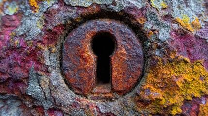 Close up view of a rusted keyhole on an old surface covered with colorful textures during daylight hours