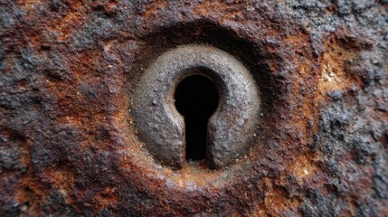 Close view of a rusted keyhole in a piece of old metal during the afternoon in an outdoor setting