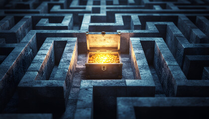 Glowing treasure chest inside stone maze, symbolizing hidden value, discovery, problem solving, and finding rewards through challenges.