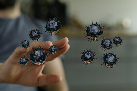 Artistic rendering of a hand interacting with abstract corona virus cells, highlighting global health and pand