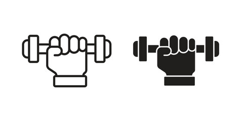 Obraz premium Strength training icons. Solid black silhouette and line art outline. Minimal design element,