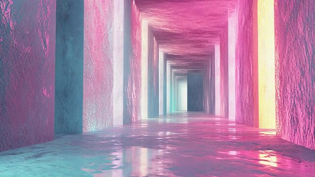 Abstract endless corridor reflecting vibrant neon light