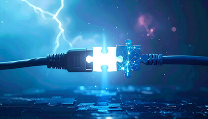 Abstract teamwork and connection concept with puzzle-shaped cable plug, ideal for technology, collaboration, and creative solutions.