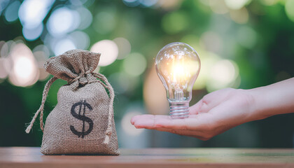Idea monetization theme showing hands swapping a light bulb and a dollar bag.
