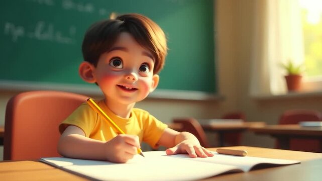 Video A young child sits at a desk, focused on writing with a pen and paper