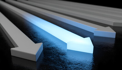 Unique success concept with a glowing arrow breaking limits while others remain blocked.