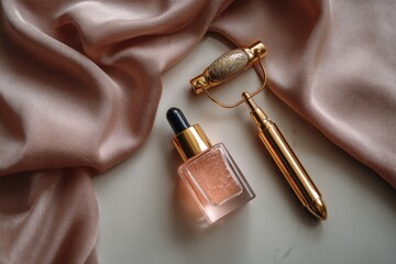 Face roller serum bottle silk cloth in stock image