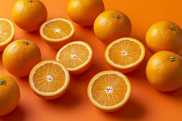 Tiled layout of whole and sliced oranges, playfully arranged on a bright orange backdrop, isolated with precise studio lighting.