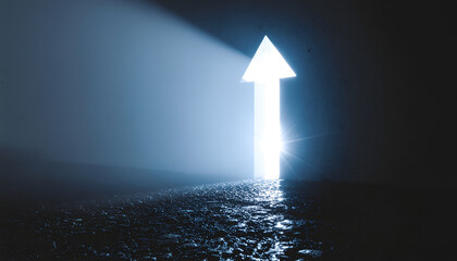 Concept of overcoming obstacles with a bright arrow pushing through a wall.