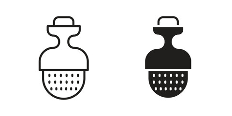 Tea infuser icons. Solid black silhouette and line art outline. Minimal design element,