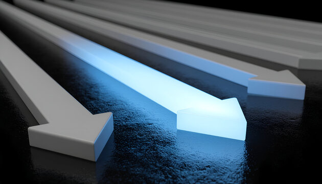 Unique success concept with a glowing arrow breaking limits while others remain blocked.