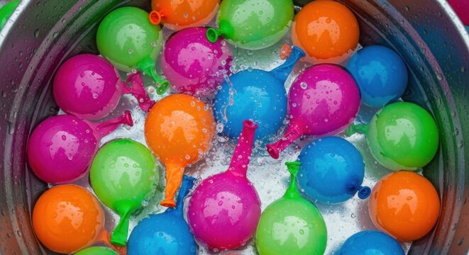 Top-down view of colorful water balloons submerged in a metal bucket, creating a playful and refreshing scene with splashes of water