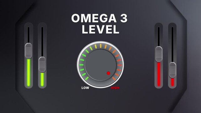 Omega 3 level gauge animation for heart health, brain function and anti inflammatory wellness visuals