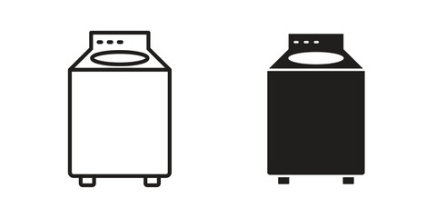 Top load washer icons. Solid black silhouette and line art outline. Minimal design element,