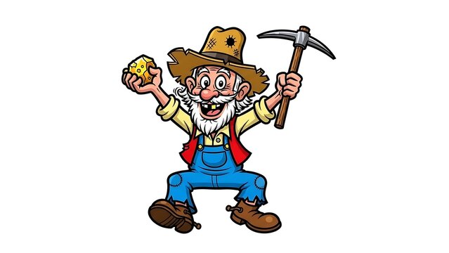 Cheerful cartoon gold prospector miner character celebrating a big find holding a nugget and a pickaxe against white background