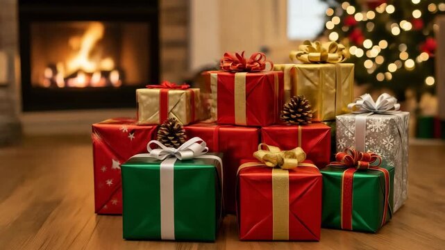 Colorful Christmas presents stacked by fireplace in cozy living room