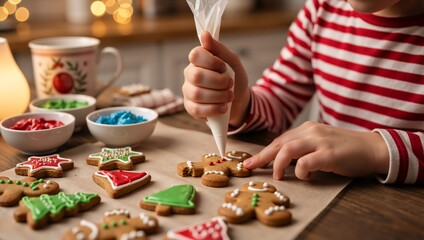 A child decorating festive gingerbread cookies, filled with holiday spirit and sweet treats