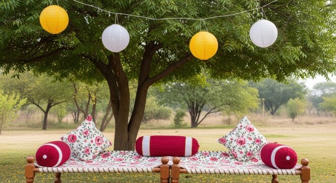 Outdoor Seating Area Park Wooden Charpai Lanterns Pillows Blanket Green Trees Serene Relaxing