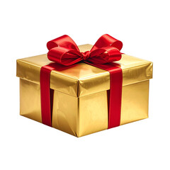 Obraz premium Golden Christmas Gift Box with Red Ribbon, Front Angle, Crisp Shadows, Isolated PNG 