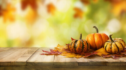 Autumn pumpkins and colorful fall leaves arranged on a wooden table with soft bokeh background.