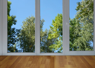 A window overlooking silvery green trees, view from a  panoramic window.