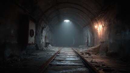 Old subway tunnel with tracks, light shining from opening, debris on the ground, and shadows forming in the dark during late evening hours