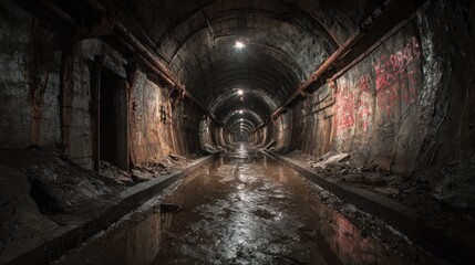 Obraz premium Exploring an underground tunnel with water on the floor, walls covered in graffiti, and lights illuminating the path