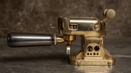 Vintage brass tool with a lever and a handle used for pressing or marking, sitting on a gray surface with a textured background