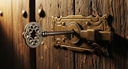 Ornate skeleton key in antique brass lock on distressed wooden door, security and access concept