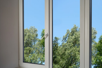 A window overlooking silvery green trees, view from a  panoramic window.