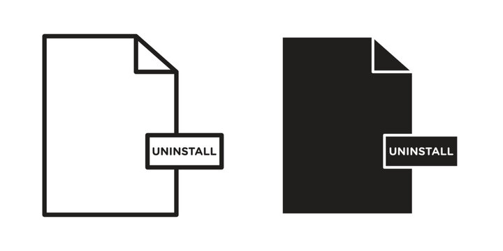 Uninstall icons. Solid black silhouette and line art outline. Minimal design element,