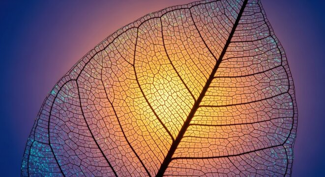 Transparent Leaf Skeleton Detail Close-up with Backlit Colors Nature Biology Texture Background