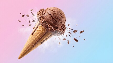 Dynamic chocolate ice cream cone with flying chocolate shards on a vibrant gradient background
