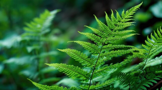 Ferns stand tall in a forest. Sunlight filters through the leaves creating shadows on the ground. The setting is lush and full of plant life showcasing nature's beauty.