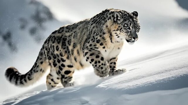 A solitary snow leopard with striking blue eyes walks across a bright white snow-covered mountain slope during the daytime with visible falling snow and a blurred snowy background