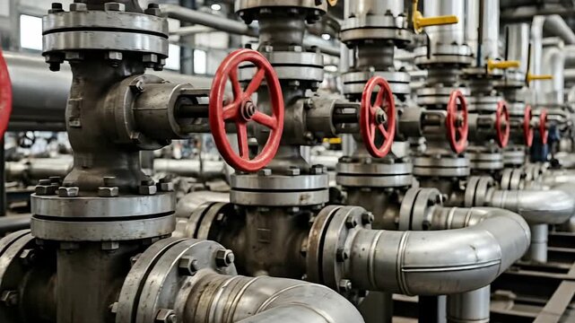 Industrial pipeline system with numerous valves and pipes reflecting light in a manufacturing facility with a focused perspective on the foreground and blurred background